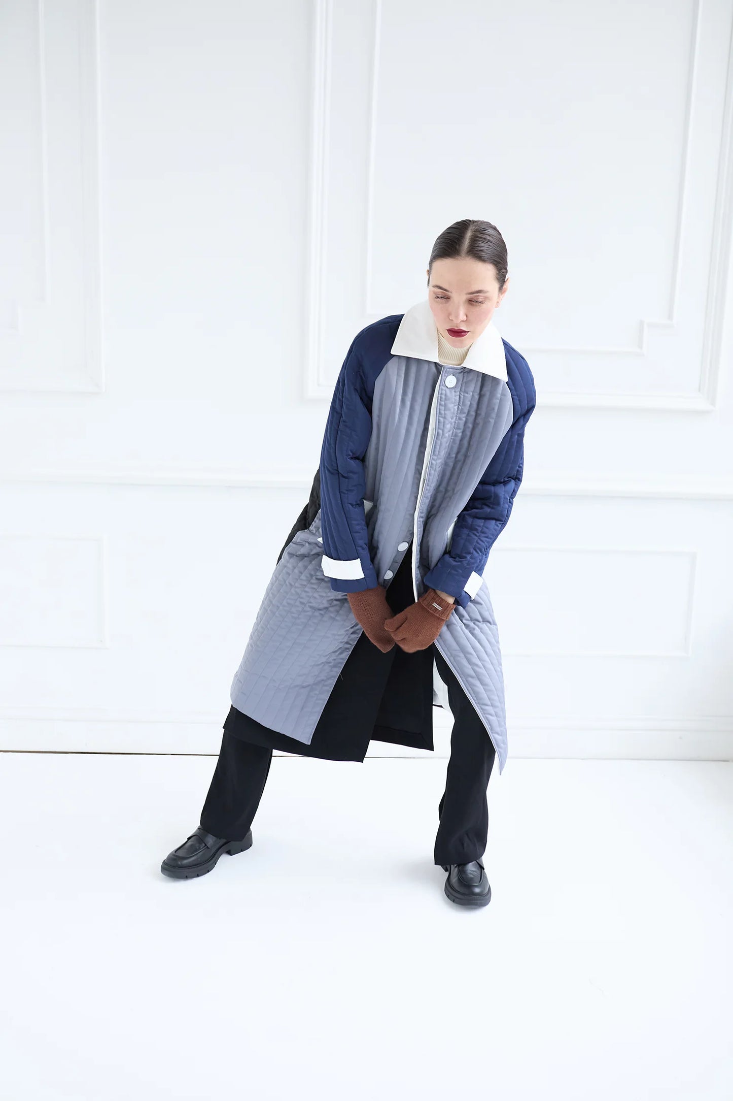 Grey Navy White Patchwork Colour Block Quilt Long Jacket