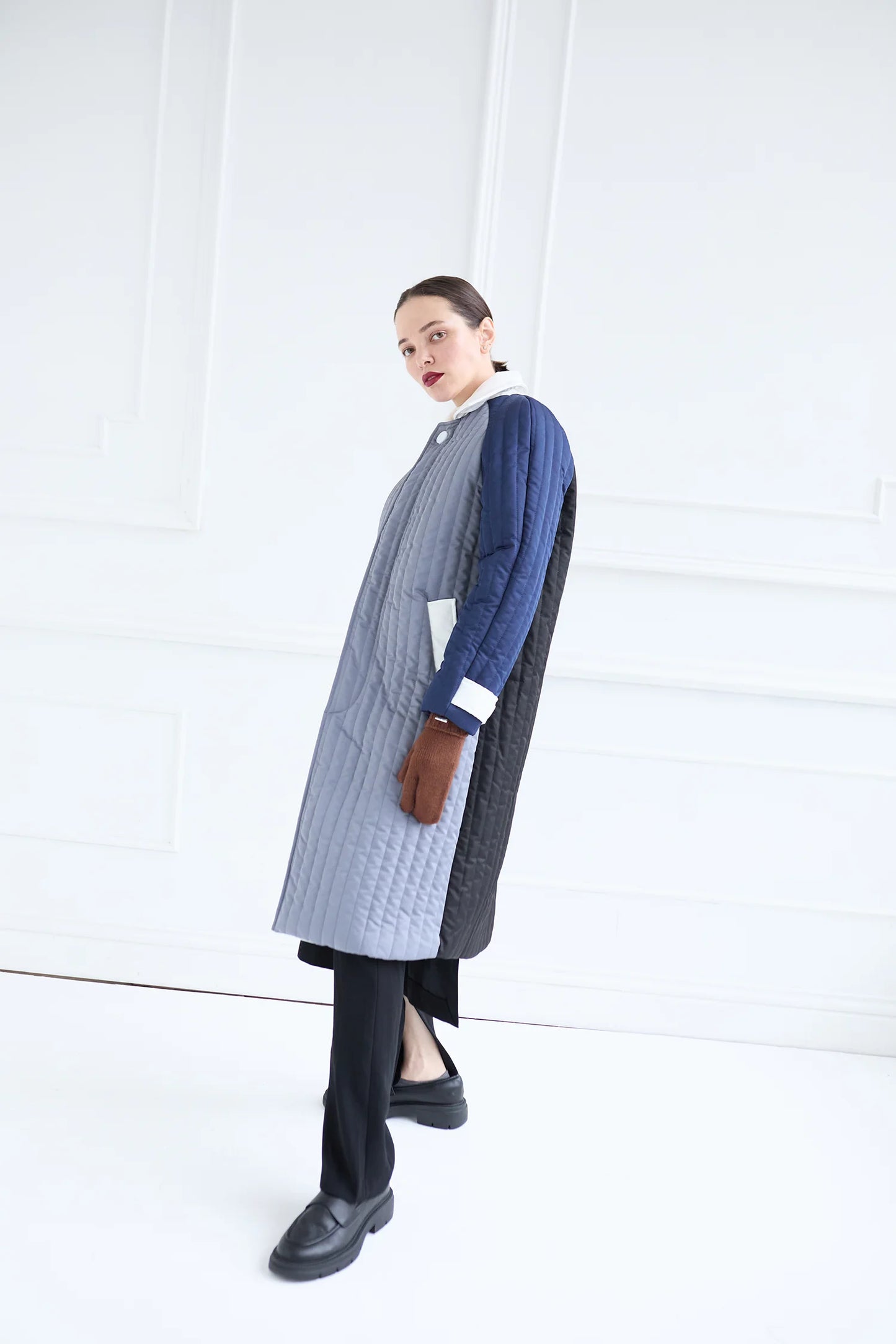 Grey Navy White Patchwork Colour Block Quilt Long Jacket