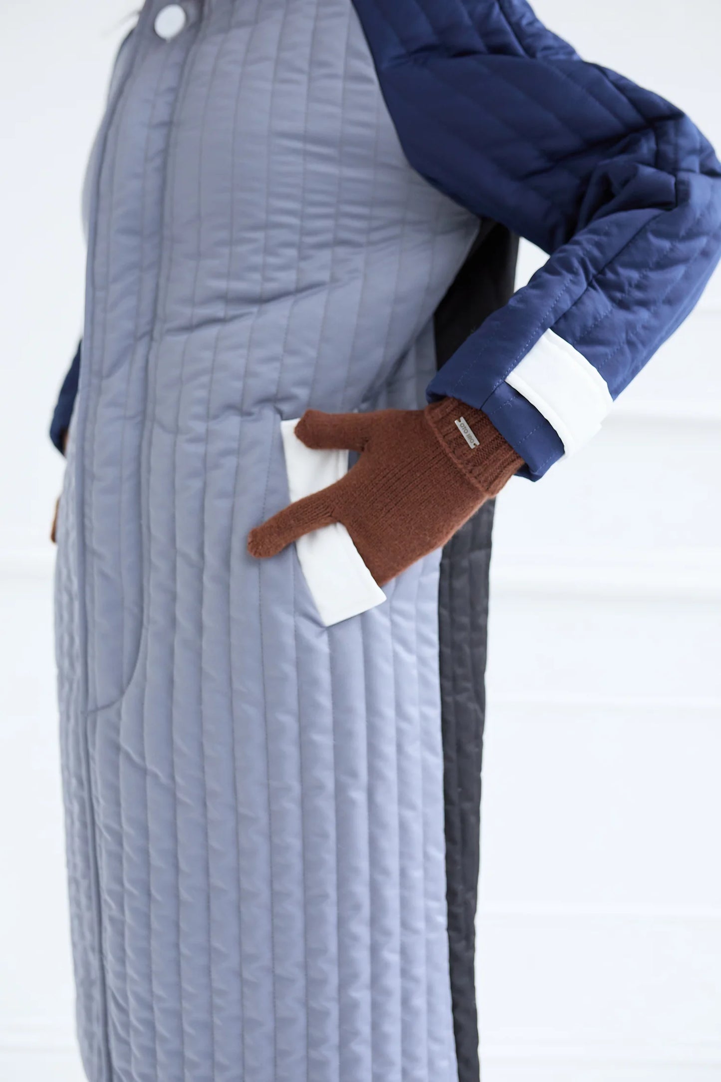 Grey Navy White Patchwork Colour Block Quilt Long Jacket