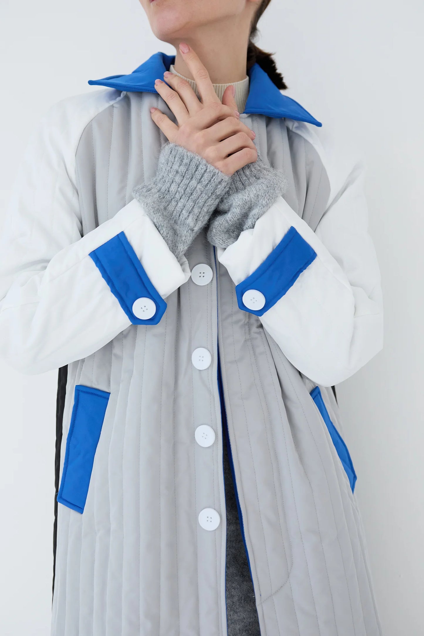 Grey White Blue Patchwork Colour Block Quilt Long Jacket