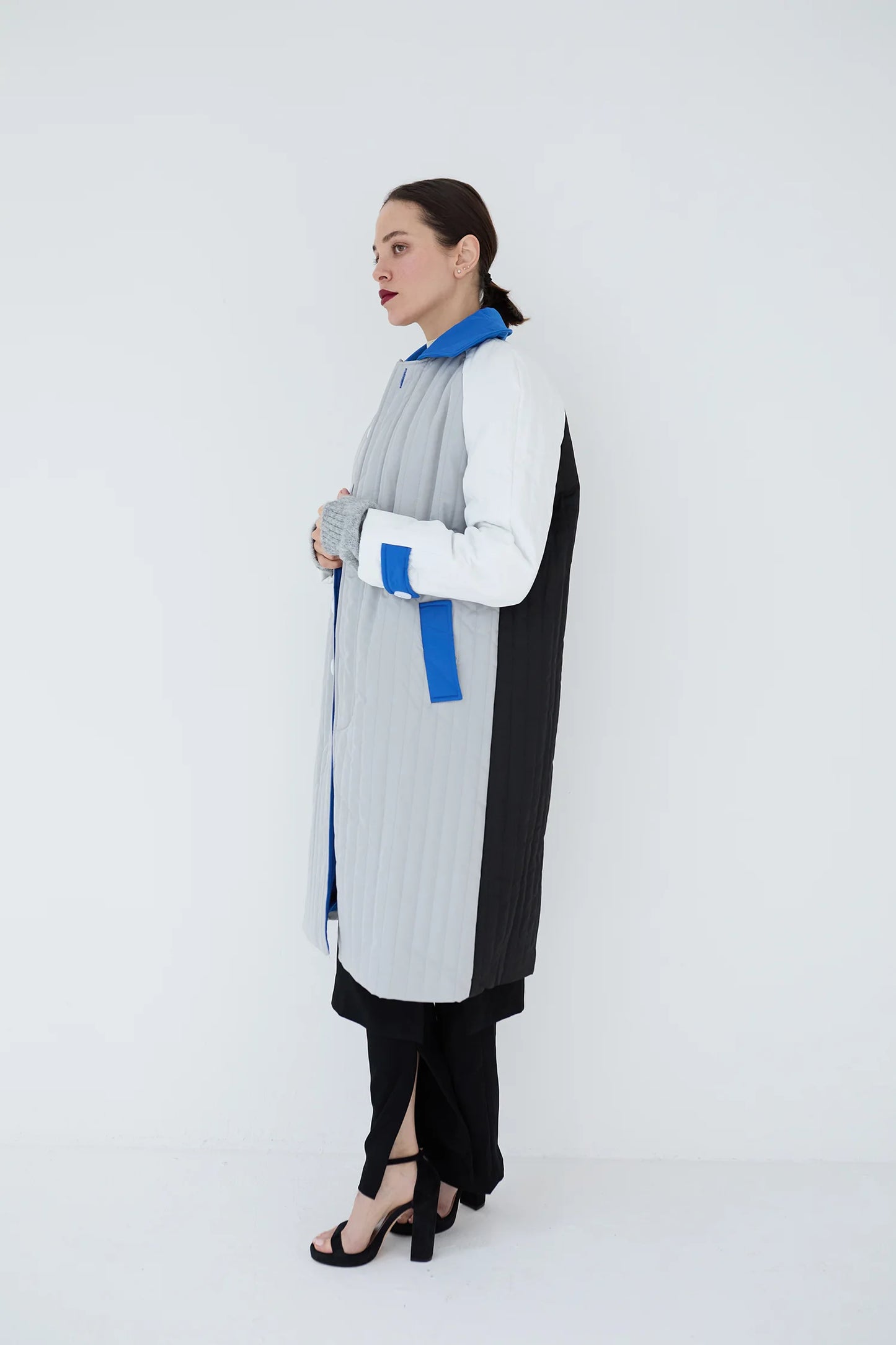 Grey White Blue Patchwork Colour Block Quilt Long Jacket