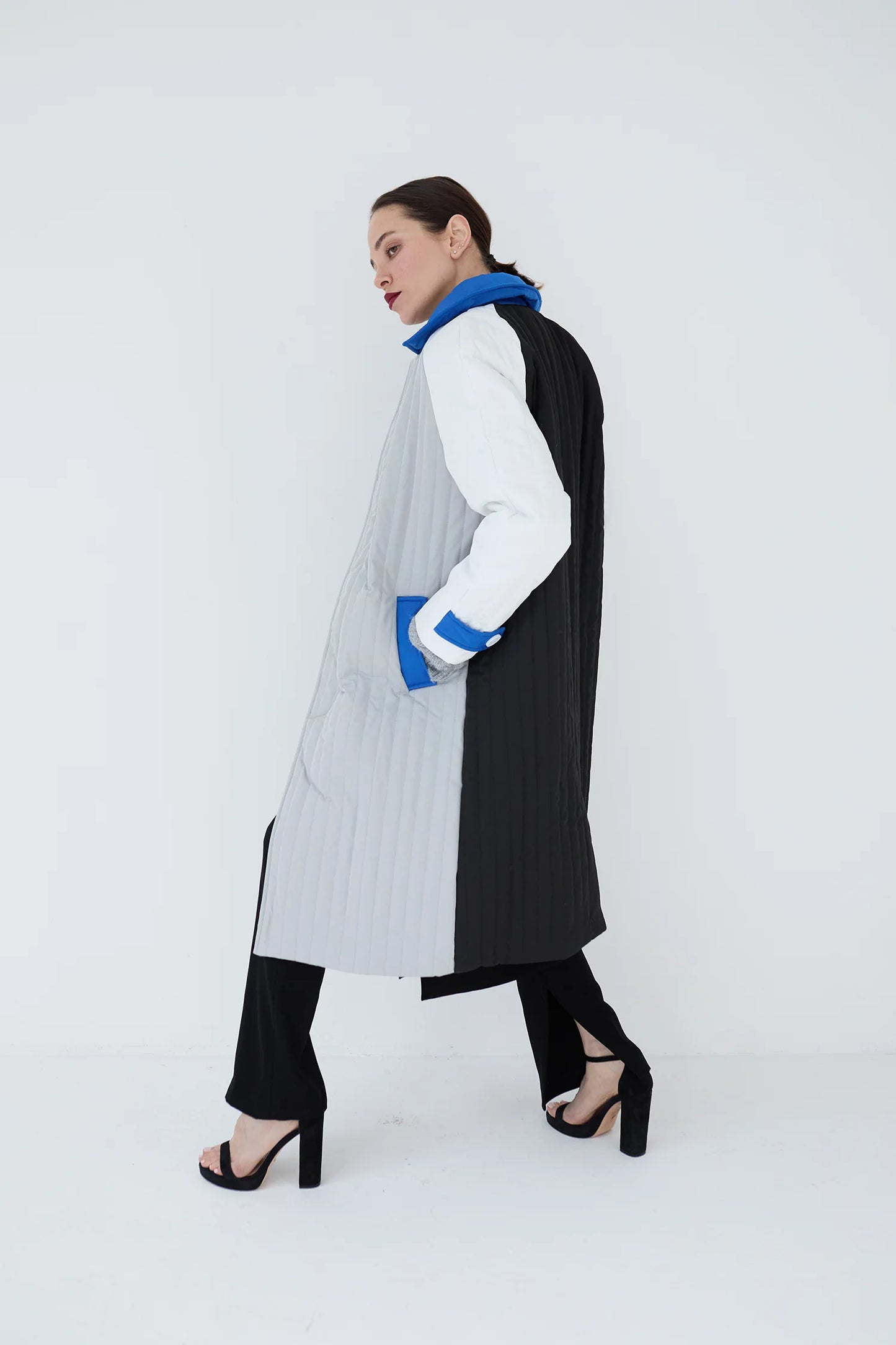 Grey White Blue Patchwork Colour Block Quilt Long Jacket