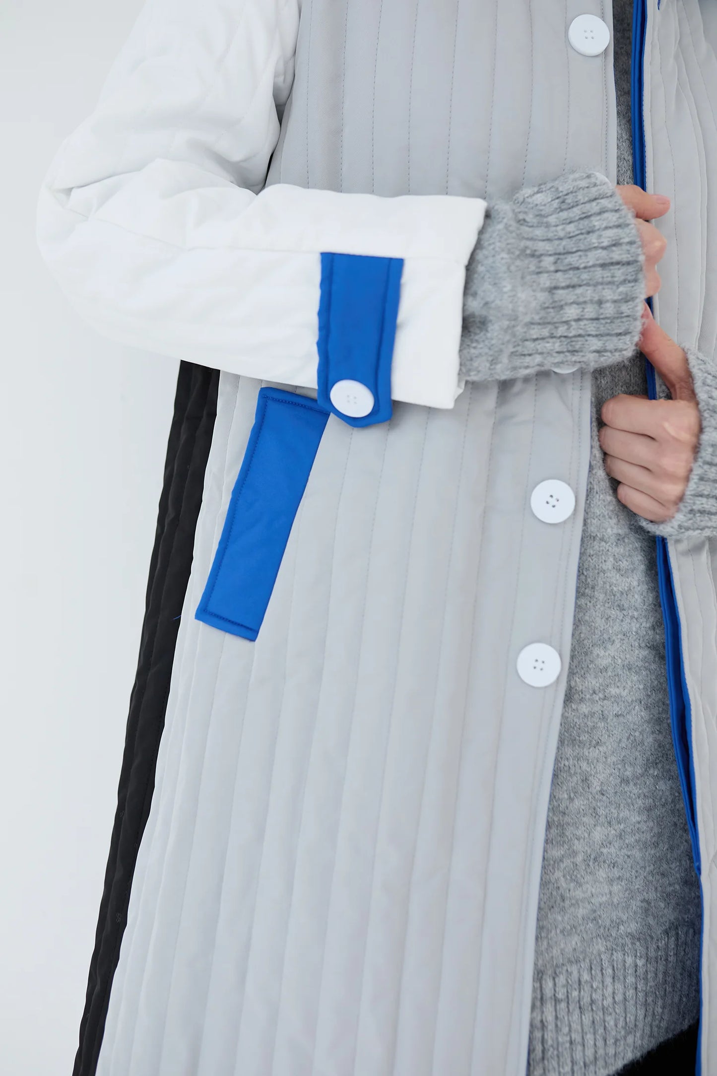 Grey White Blue Patchwork Colour Block Quilt Long Jacket