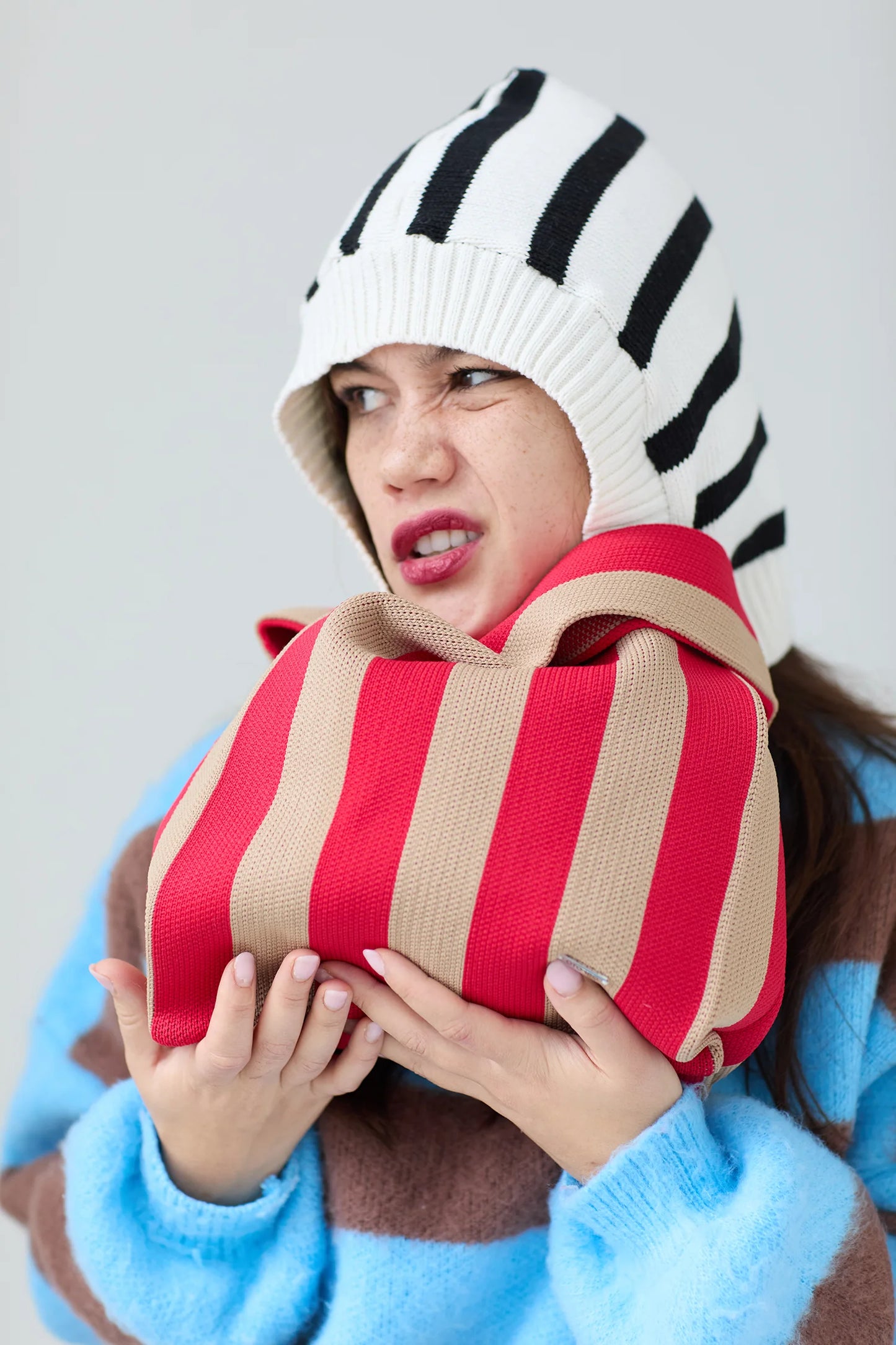 Red and Beige Striped Knitted Tote