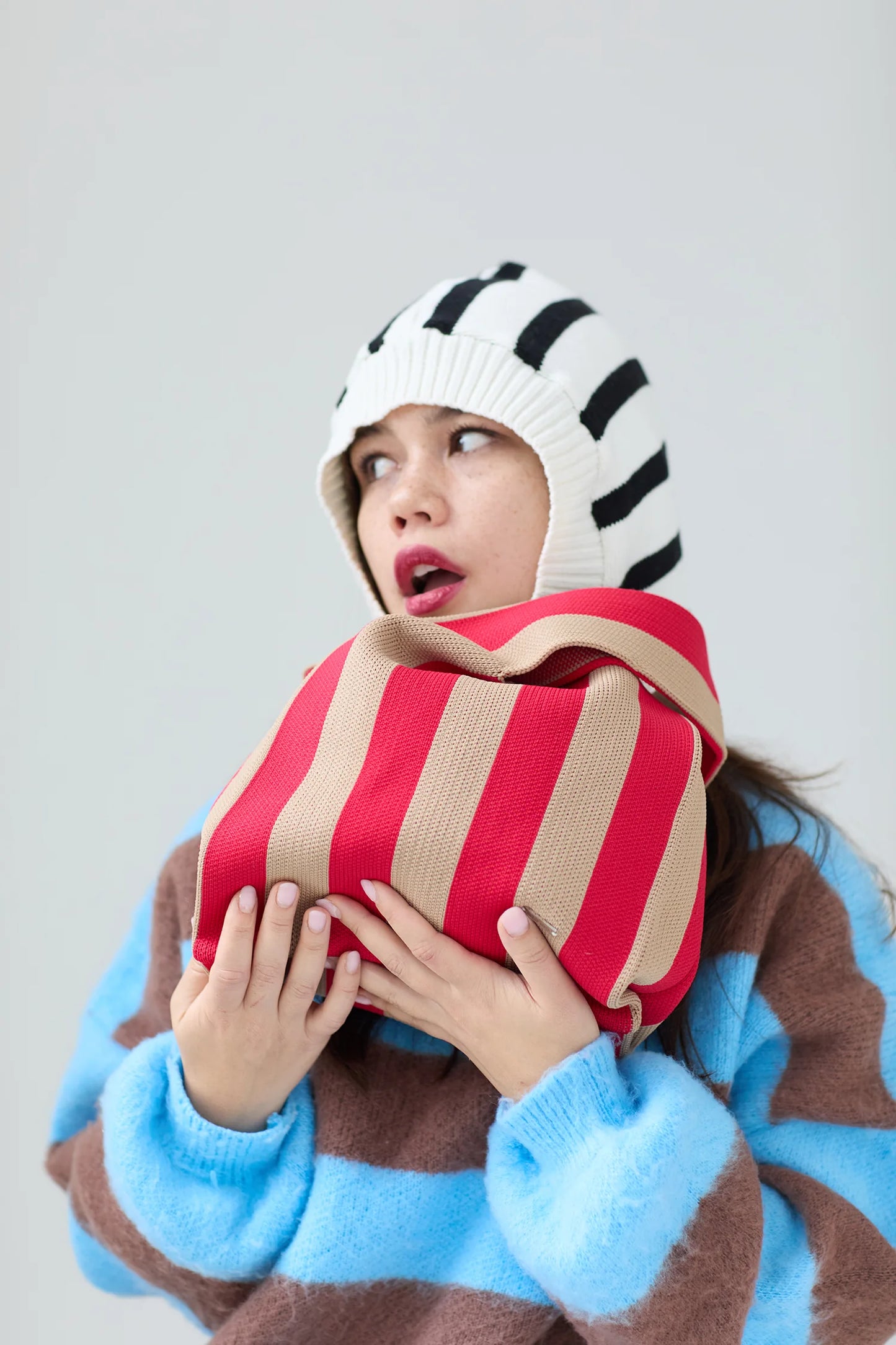 Red and Beige Striped Knitted Tote